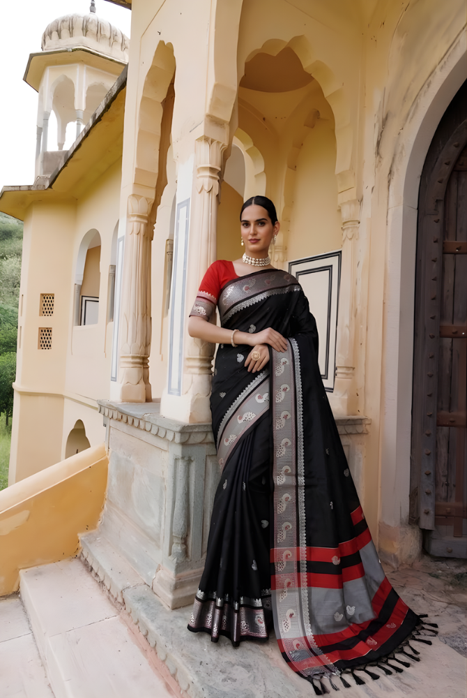Royal Black Paithani Cotton Silk Mayurika Peacock Saree