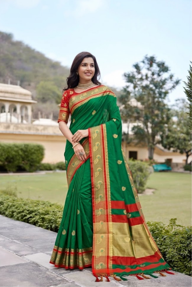 Classic Emerald Green & Royal Red Paithani Cotton Silk Mayurika Peacock Saree