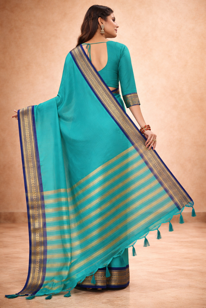 Cyan Blue & Royal Blue Cotton Silk Kalyani Saree