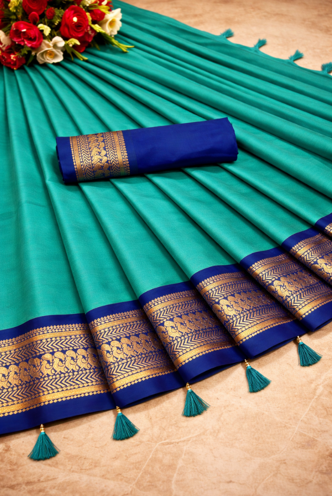 Cyan Blue & Royal Blue Cotton Silk Kalyani Saree