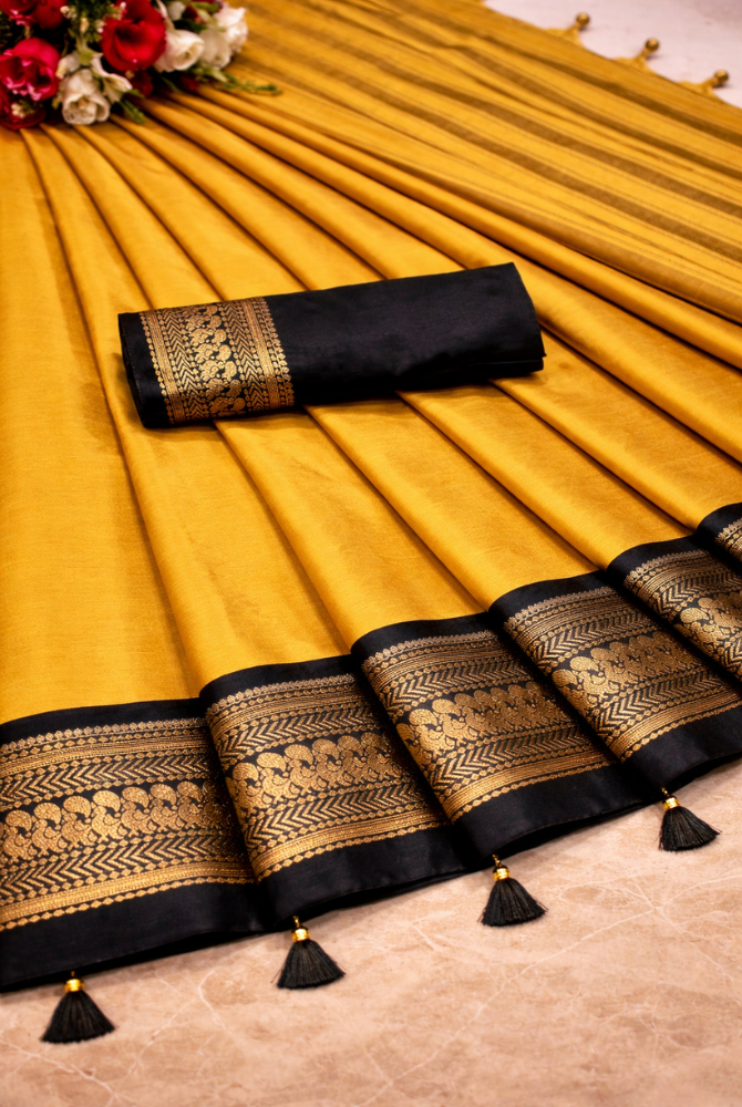 Mustard Gold & Black Cotton Silk Kalyani Saree