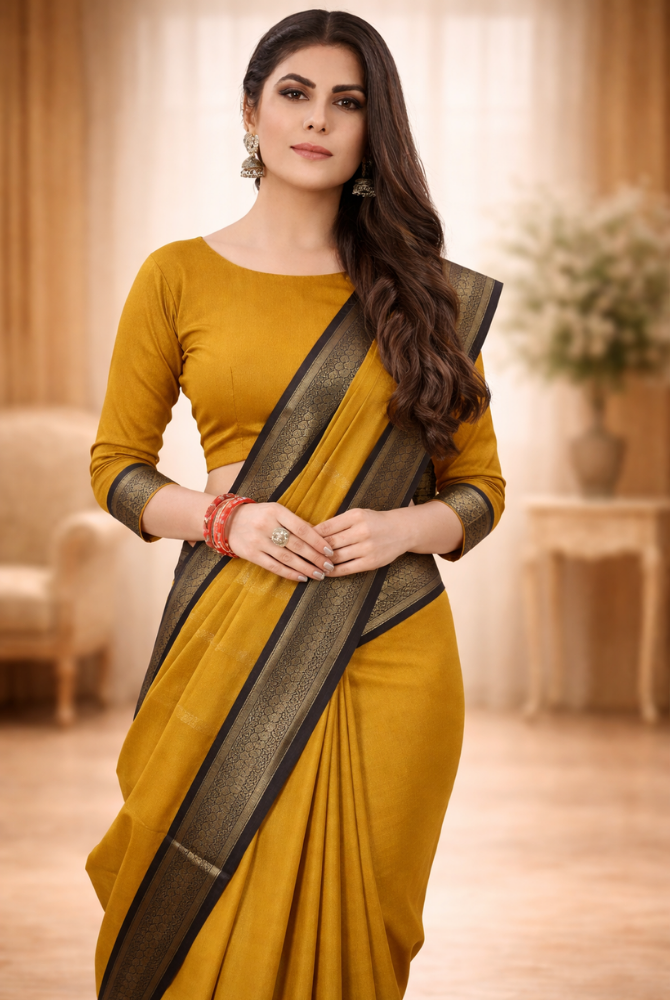 Mustard Gold & Black Cotton Silk Kalyani Saree