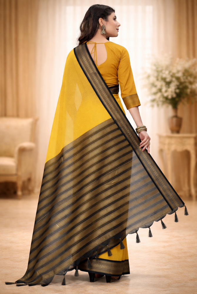 Mustard Gold & Black Cotton Silk Kalyani Saree