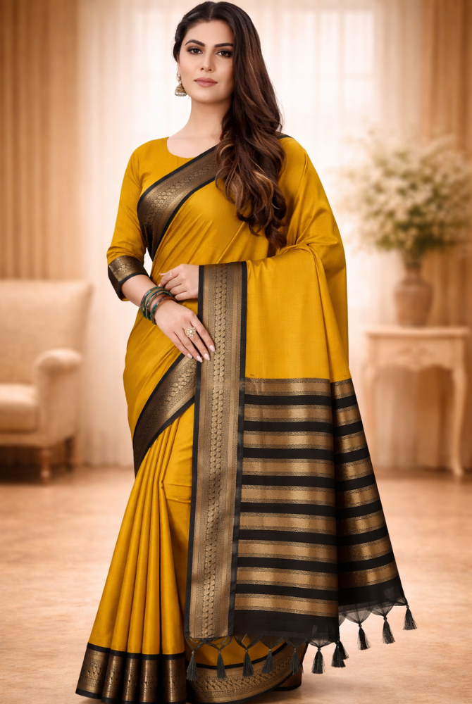 Mustard Gold & Black Cotton Silk Kalyani Saree