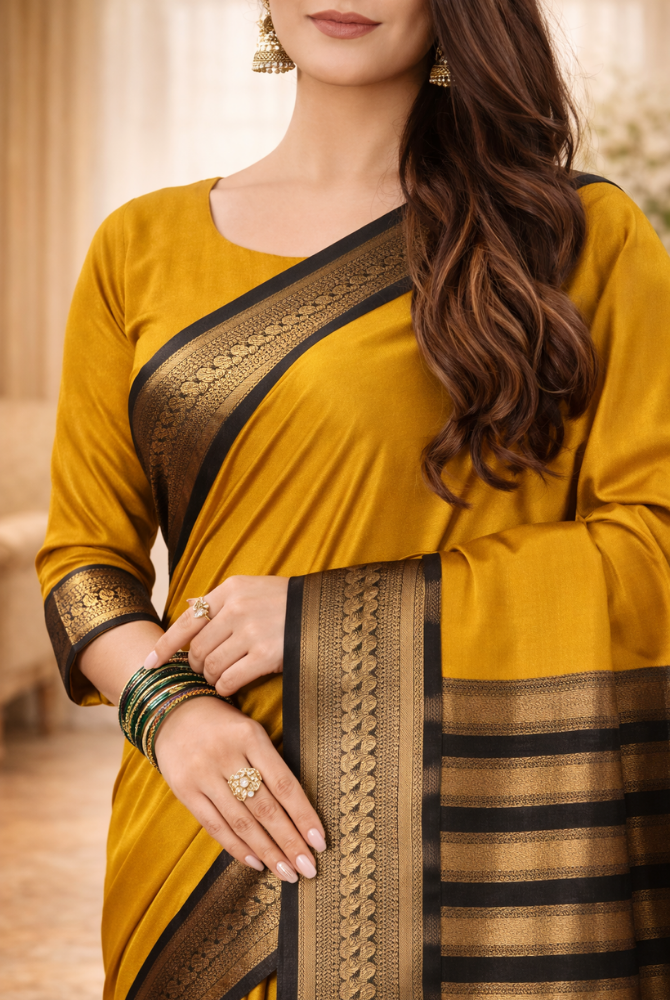 Mustard Gold & Black Cotton Silk Kalyani Saree