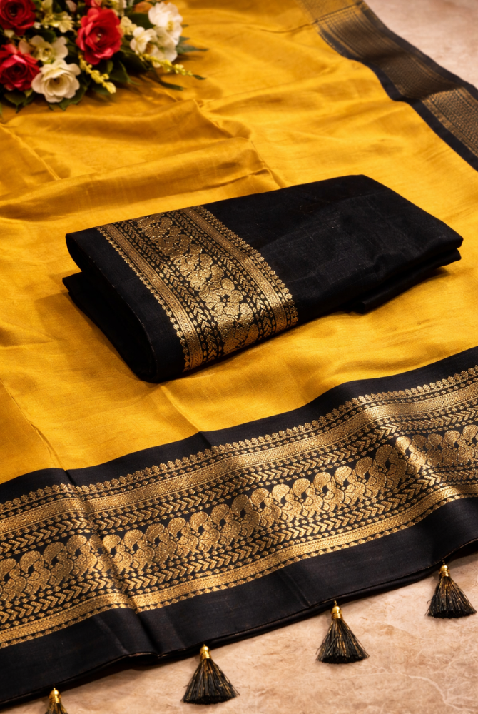 Mustard Gold & Black Cotton Silk Kalyani Saree