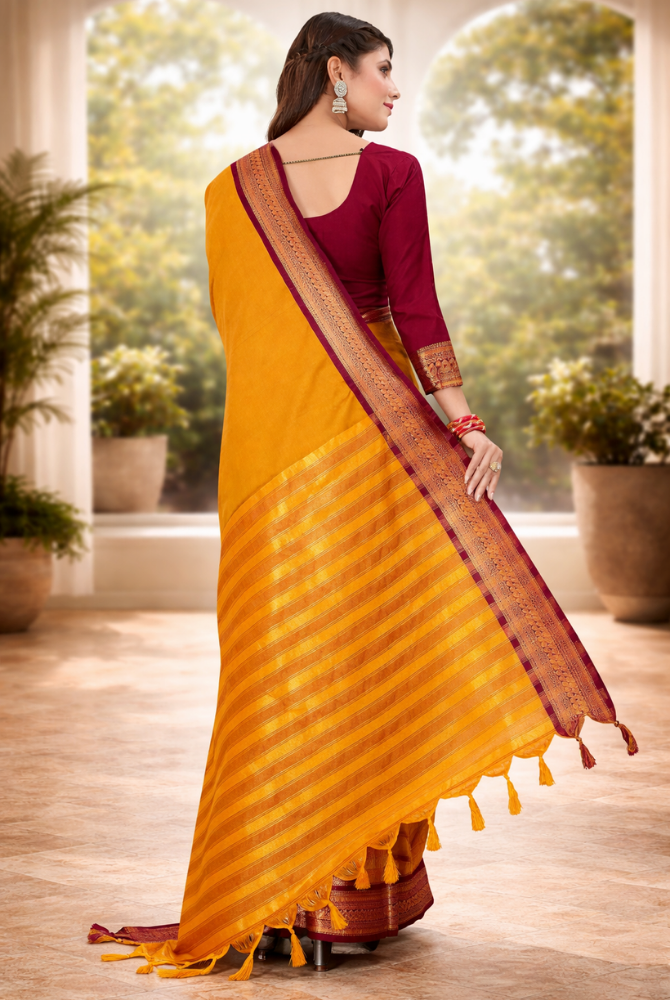 Mustard Gold & Maroon Cotton Silk Kalyani Saree