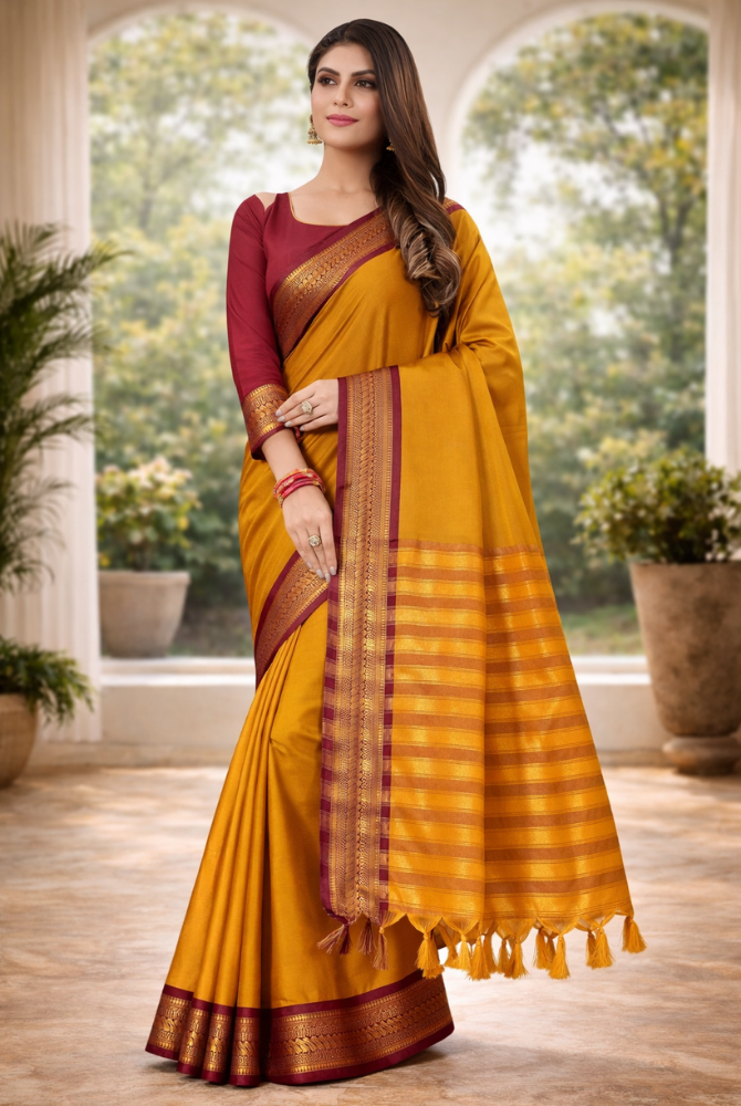 Mustard Gold & Maroon Cotton Silk Kalyani Saree