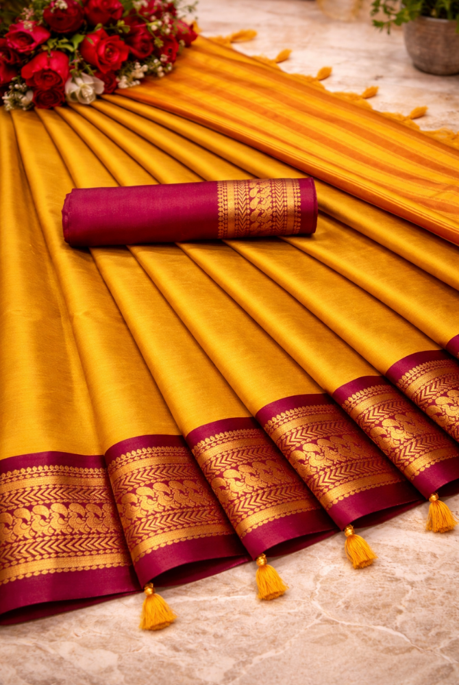 Mustard Gold & Maroon Cotton Silk Kalyani Saree