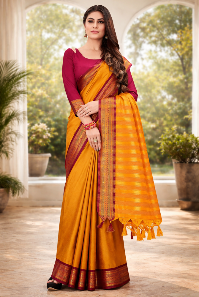 Mustard Gold & Maroon Cotton Silk Kalyani Saree