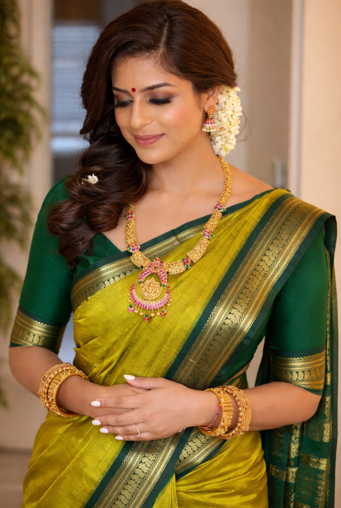 Lime Green & Bottle Green Cotton Silk Kalyani Saree