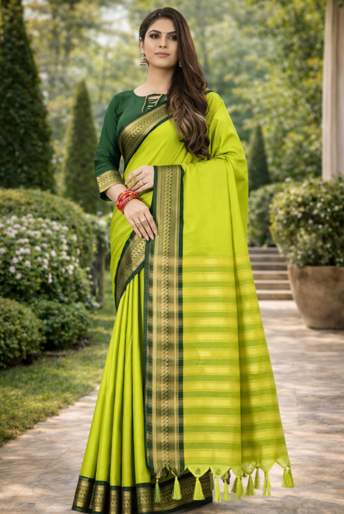 Lime Green & Bottle Green Cotton Silk Kalyani Saree
