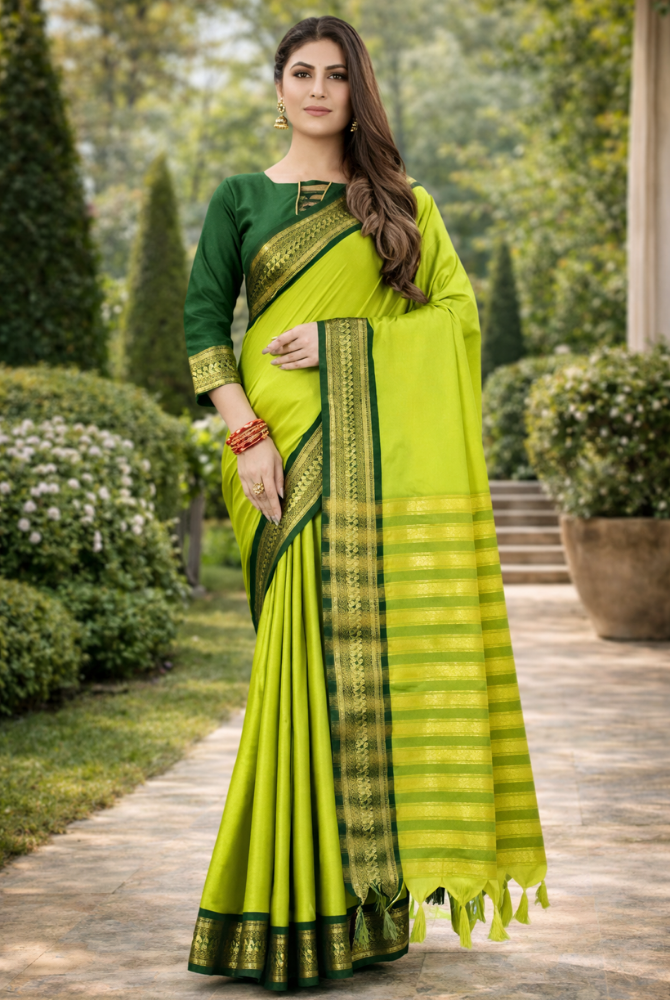 Lime Green & Bottle Green Cotton Silk Kalyani Saree
