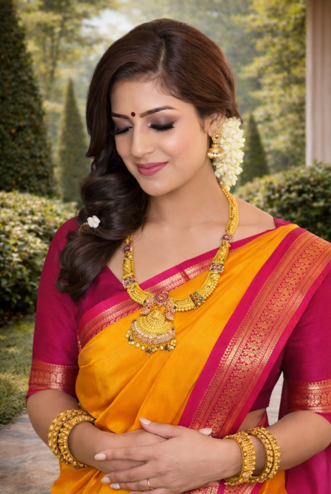 Mango Yellow & Rani Pink Cotton Silk Kalyani Saree