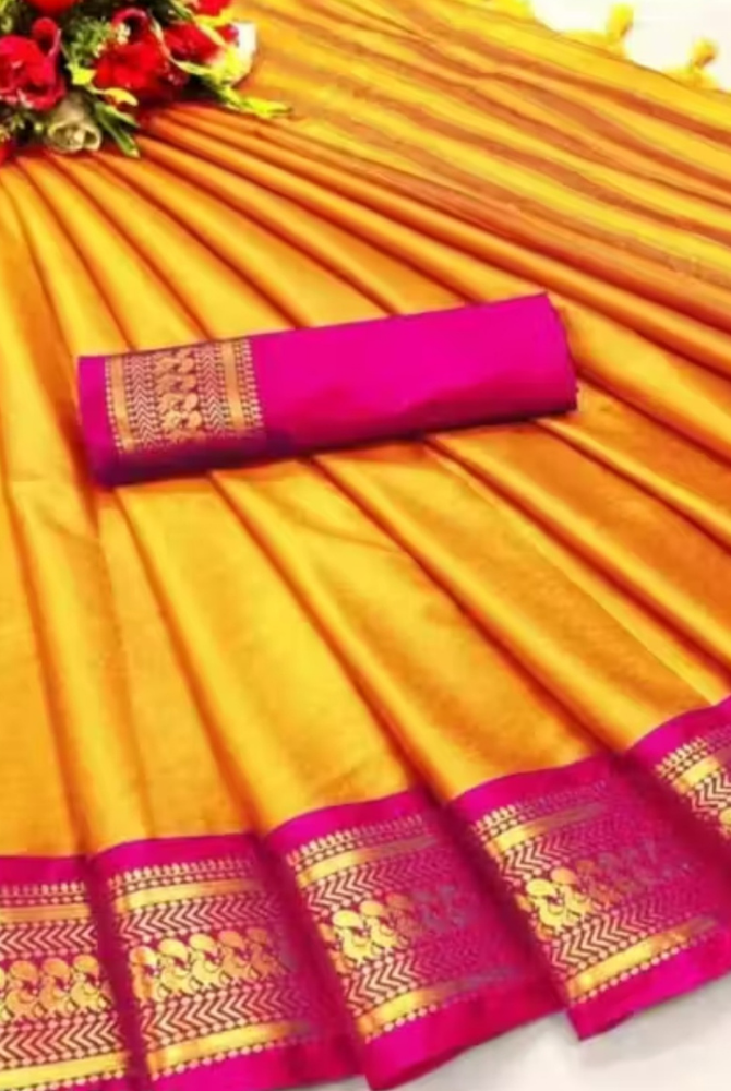 Mango Yellow & Rani Pink Cotton Silk Kalyani Saree