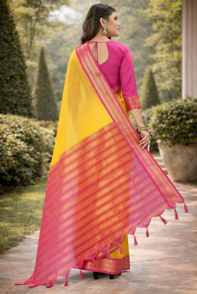 Mango Yellow & Rani Pink Cotton Silk Kalyani Saree