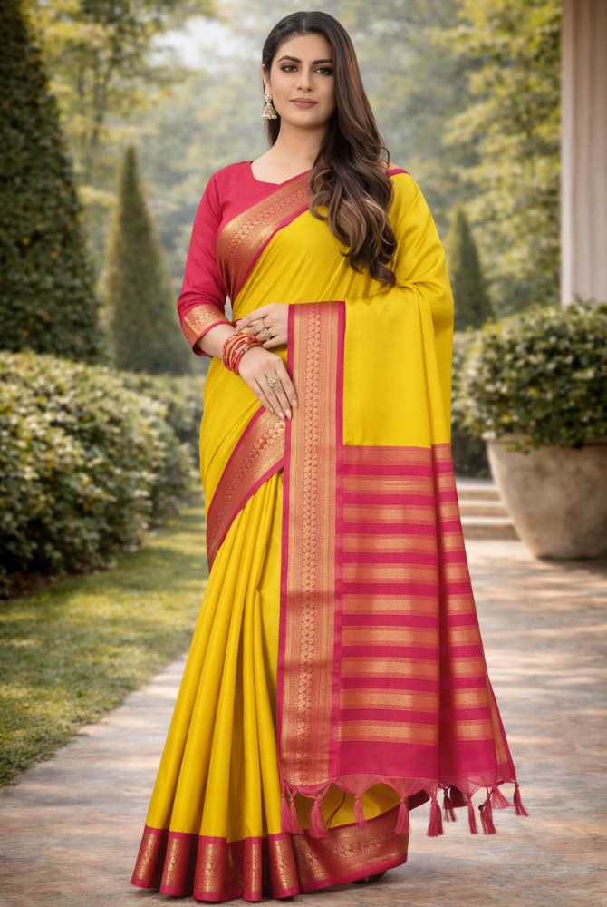 Mango Yellow & Rani Pink Cotton Silk Kalyani Saree