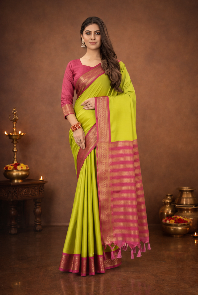 Parrot Green & Rani Pink Cotton Silk Kalyani Saree