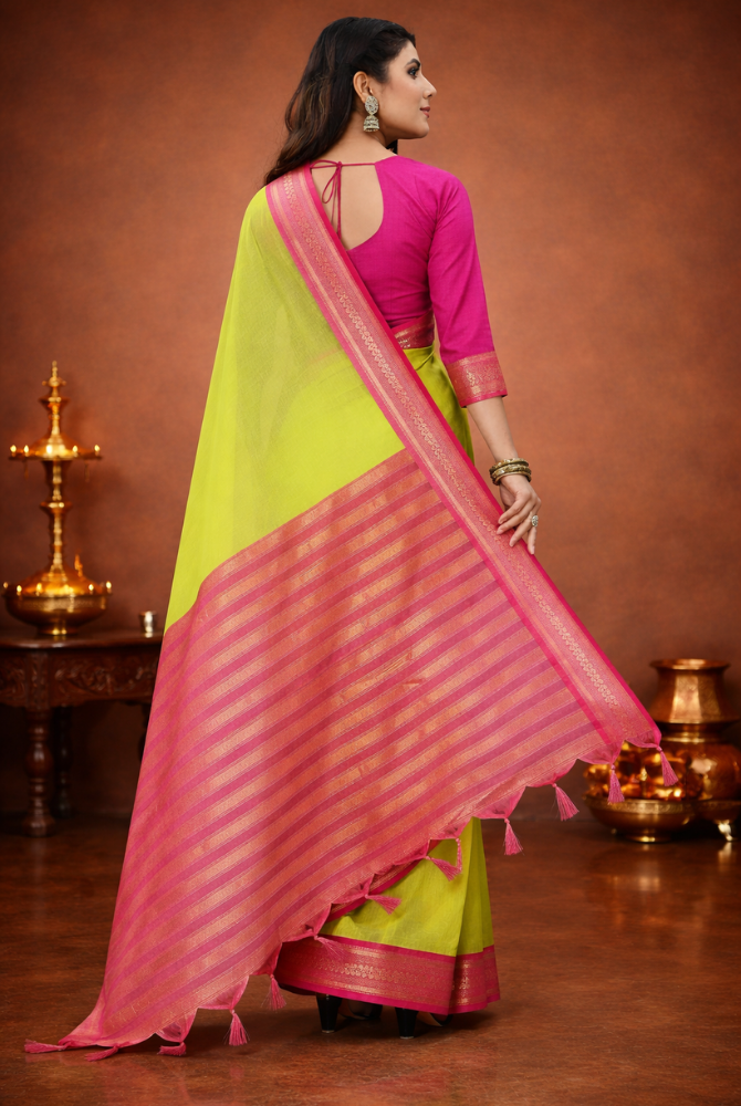 Parrot Green & Rani Pink Cotton Silk Kalyani Saree