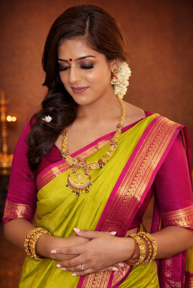Parrot Green & Rani Pink Cotton Silk Kalyani Saree