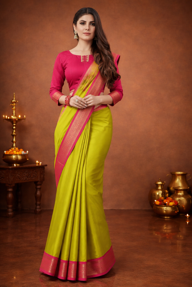 Parrot Green & Rani Pink Cotton Silk Kalyani Saree