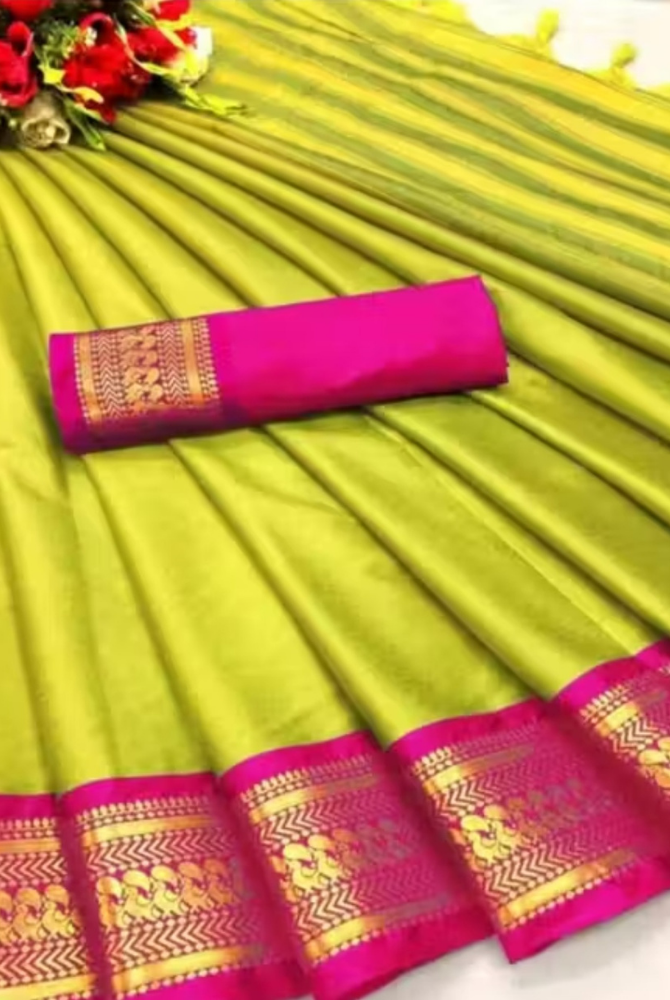 Parrot Green & Rani Pink Cotton Silk Kalyani Saree