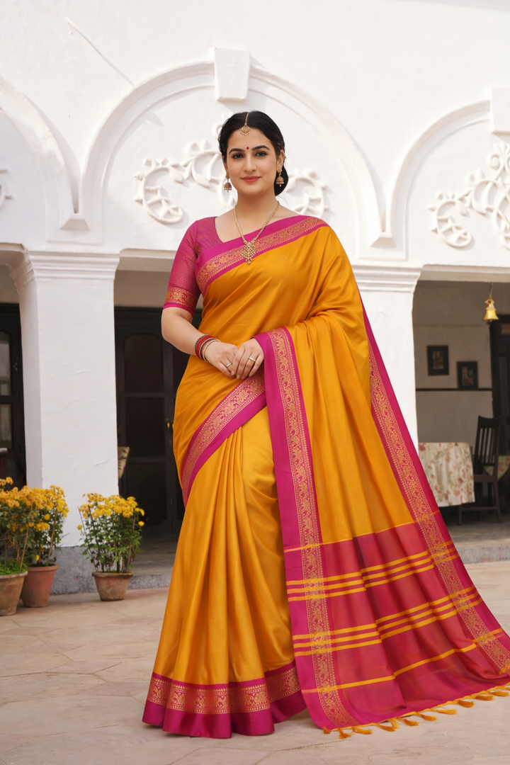 Mango Yellow & Pink Royal Elephant Saree