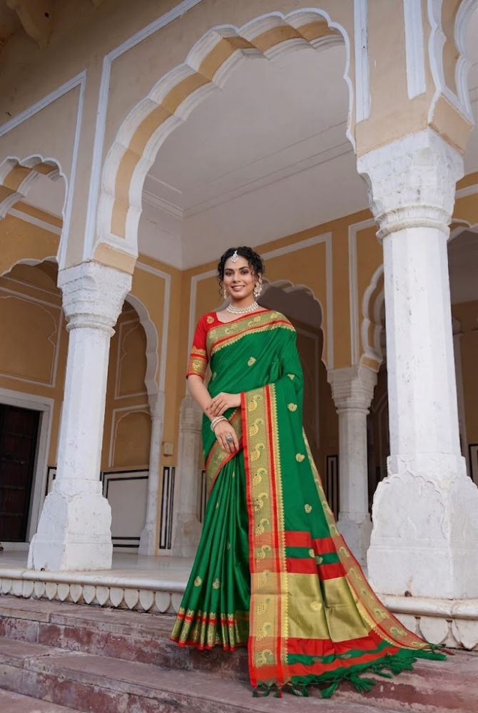 Classic Emerald Green & Royal Red Paithani Cotton Silk Mayurika Peacock Saree