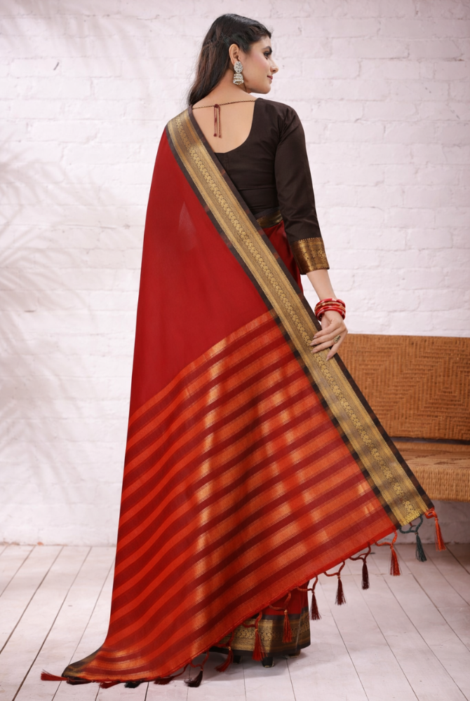 Red & Coffee Brown Cotton Silk kalyani Saree