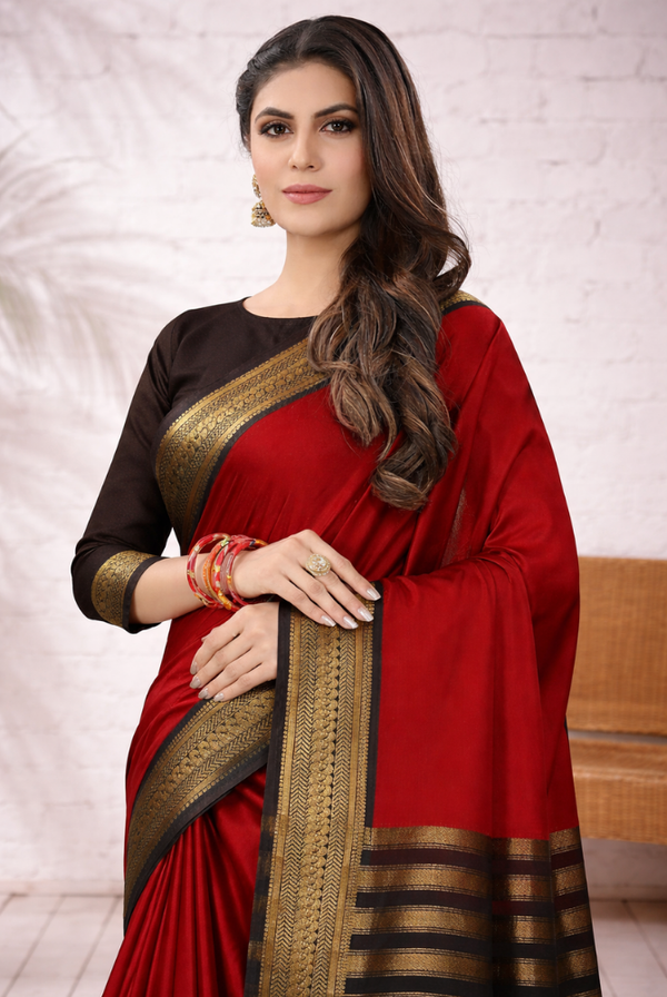 Red & Coffee Brown Cotton Silk kalyani Saree