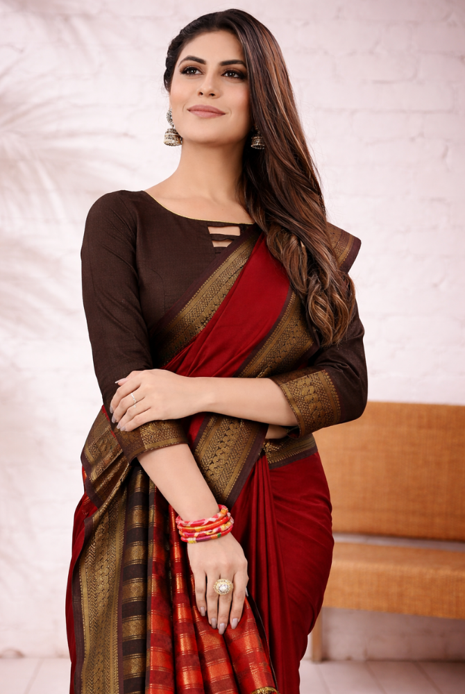 Red & Coffee Brown Cotton Silk kalyani Saree