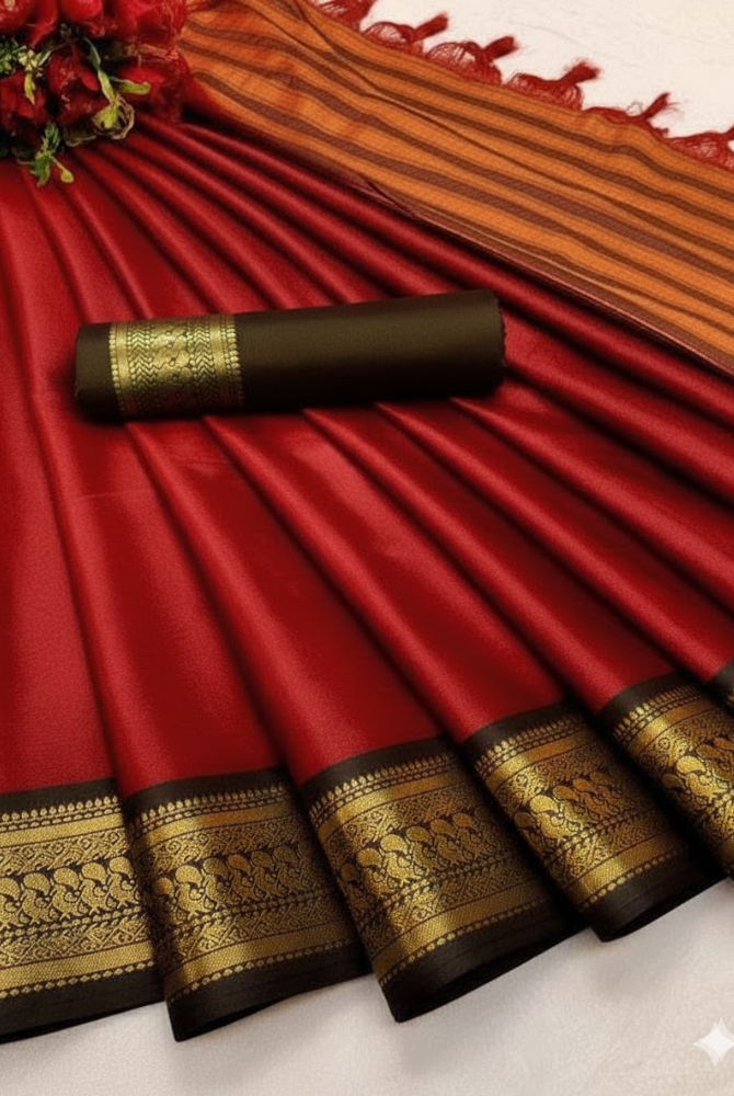 Red & Coffee Brown Cotton Silk kalyani Saree