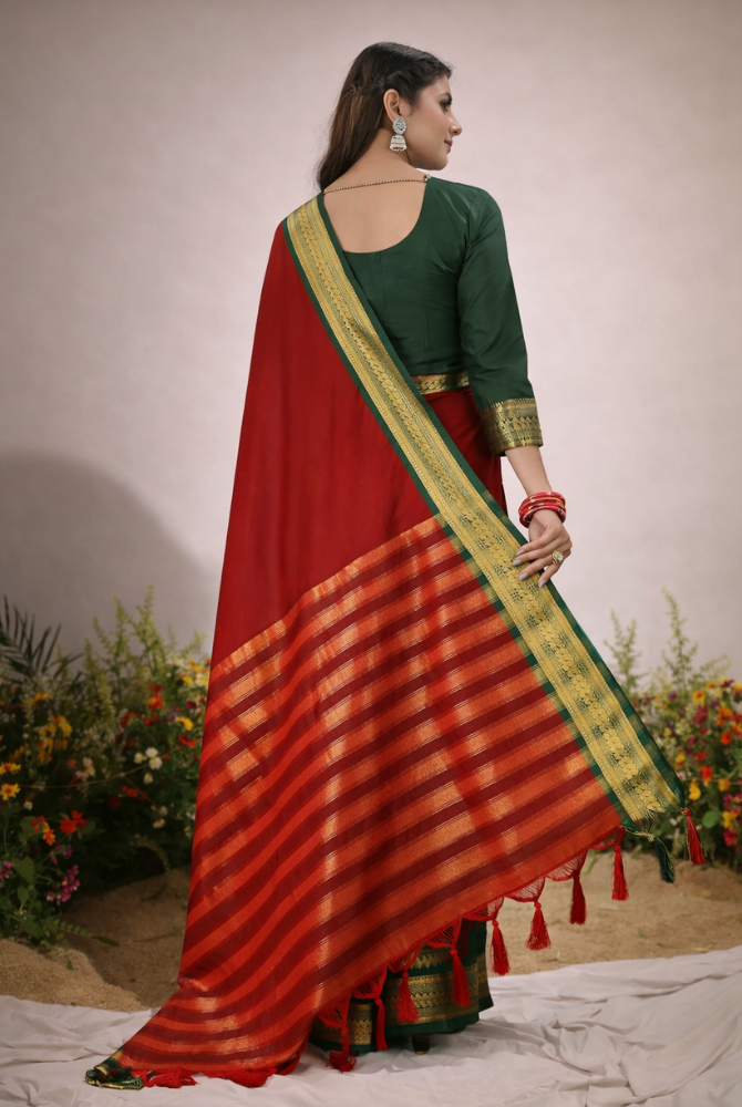 Red & Bottle Green Cotton Silk kalyani Saree