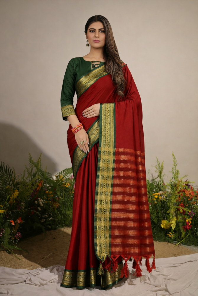 Red & Bottle Green Cotton Silk kalyani Saree
