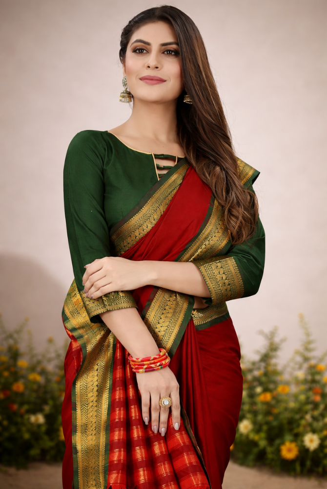 Red & Bottle Green Cotton Silk kalyani Saree