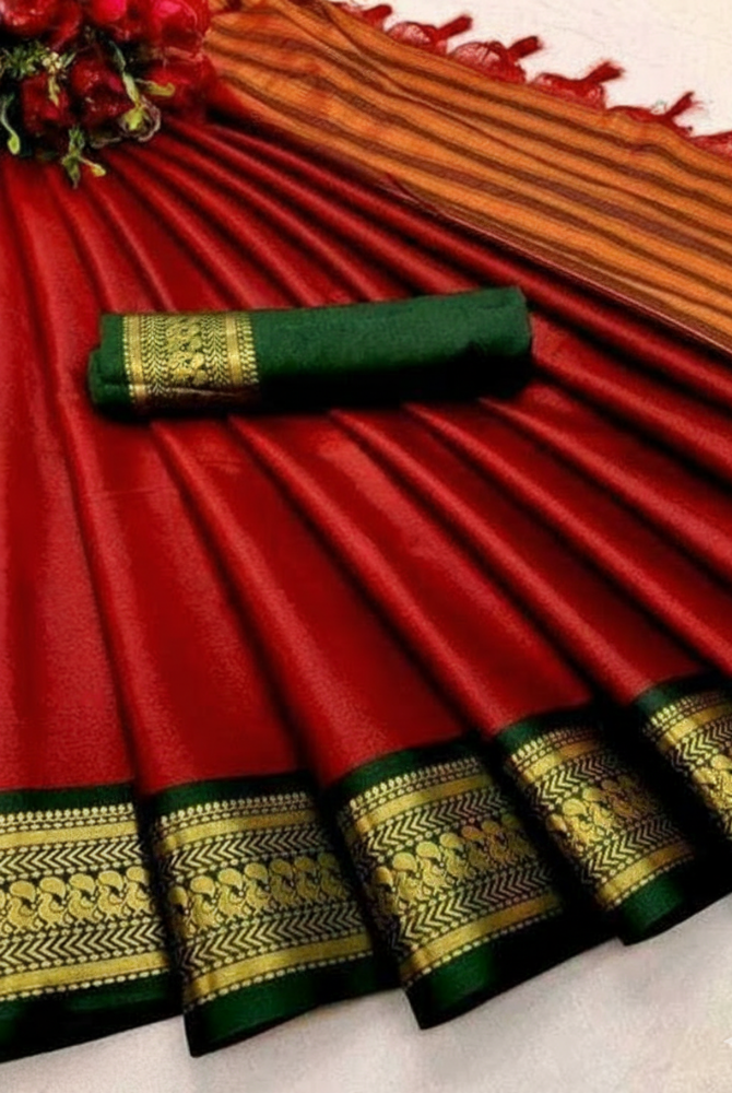 Red & Bottle Green Cotton Silk kalyani Saree