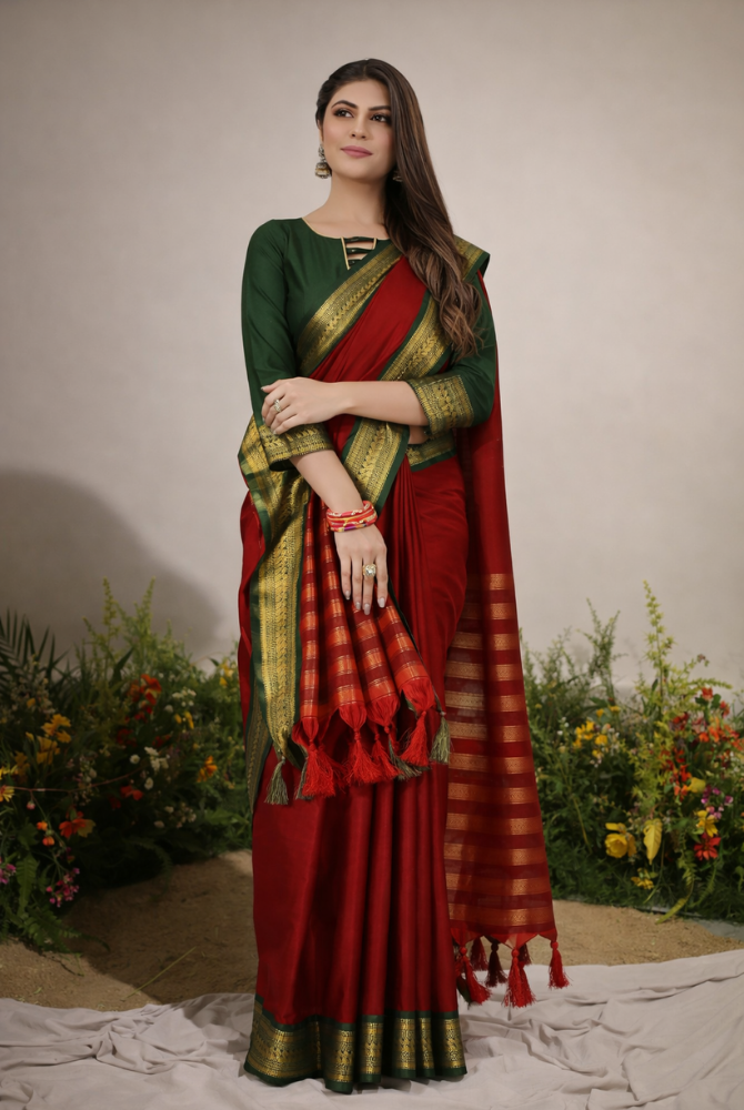 Red & Bottle Green Cotton Silk kalyani Saree