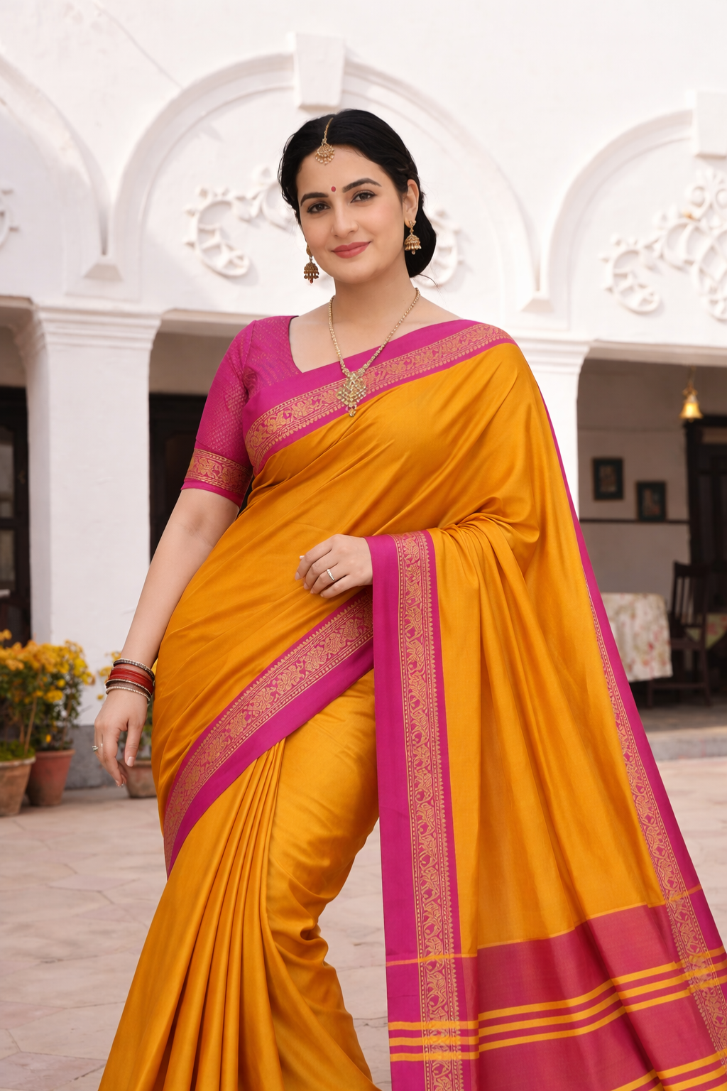 Mango Yellow & Pink Royal Elephant Saree