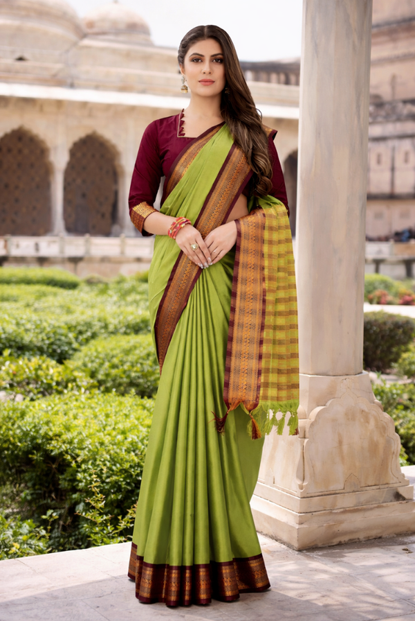 Sage Green & Maroon Cotton Silk kalyani Saree