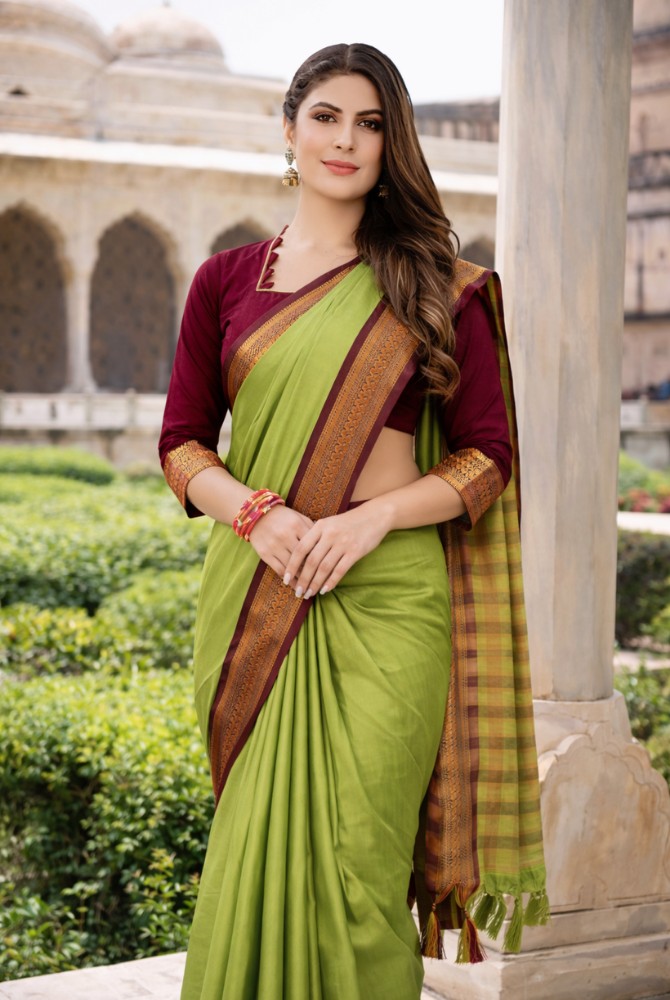 Sage Green & Maroon Cotton Silk kalyani Saree