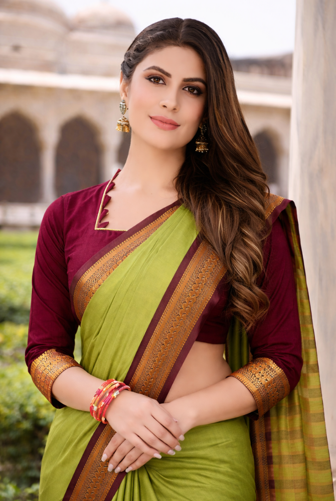 Sage Green & Maroon Cotton Silk kalyani Saree