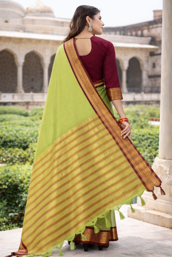 Sage Green & Maroon Cotton Silk kalyani Saree