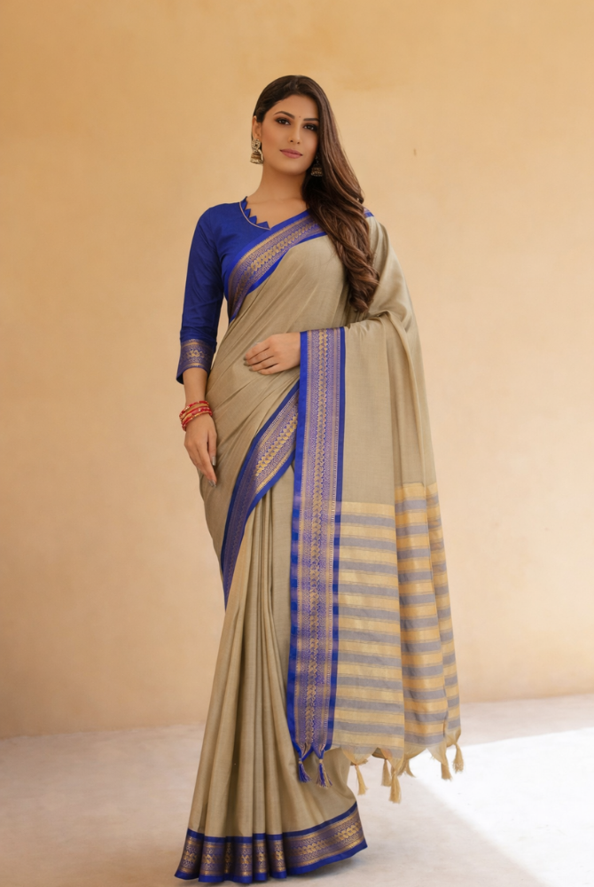 Tussar Beige & Royal Blue Cotton Silk Kalyani Saree