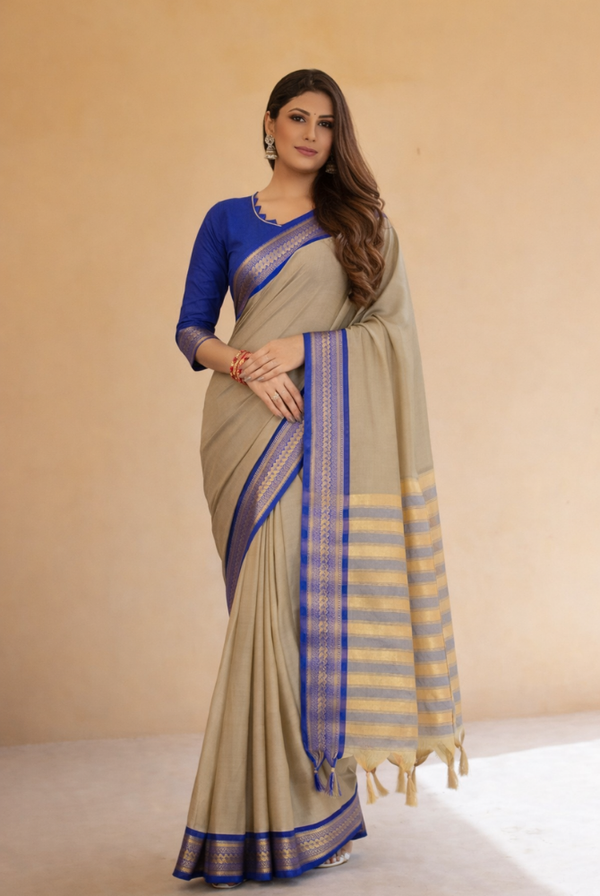 Tussar Beige & Royal Blue Cotton Silk Kalyani Saree