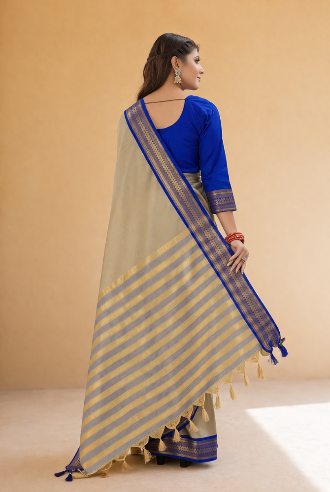 Tussar Beige & Royal Blue Cotton Silk Kalyani Saree