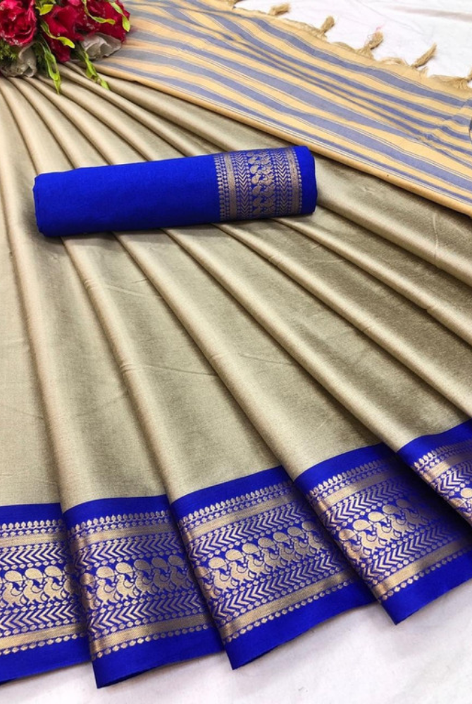 Tussar Beige & Royal Blue Cotton Silk Kalyani Saree