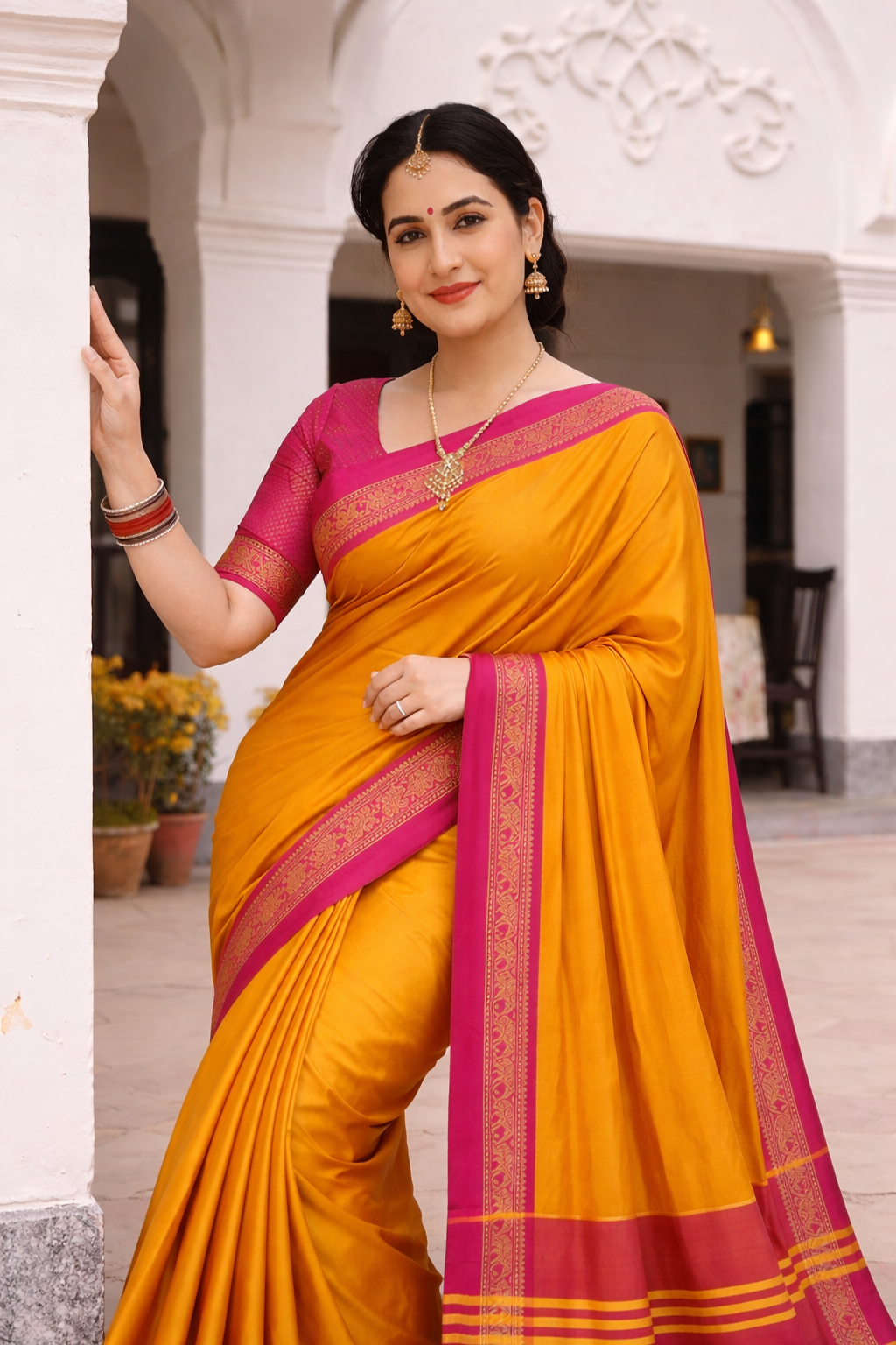 Mango Yellow & Pink Royal Elephant Saree