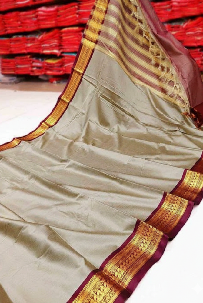 Tussar Beige & Maroon Cotton Silk Kalyani Saree