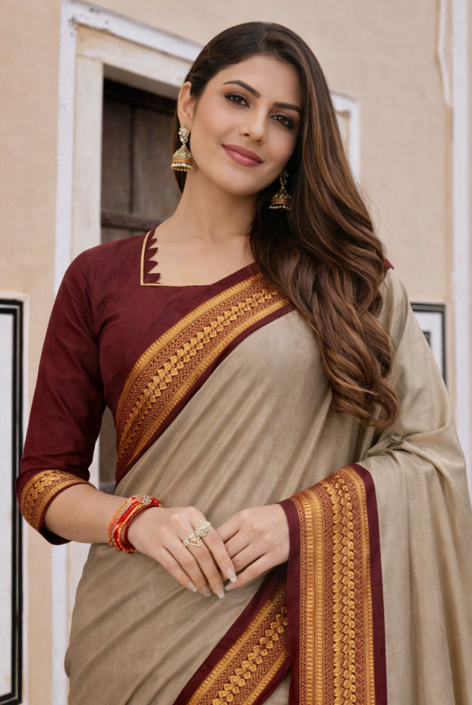 Tussar Beige & Maroon Cotton Silk Kalyani Saree