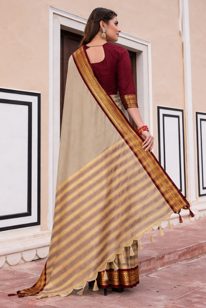 Tussar Beige & Maroon Cotton Silk Kalyani Saree